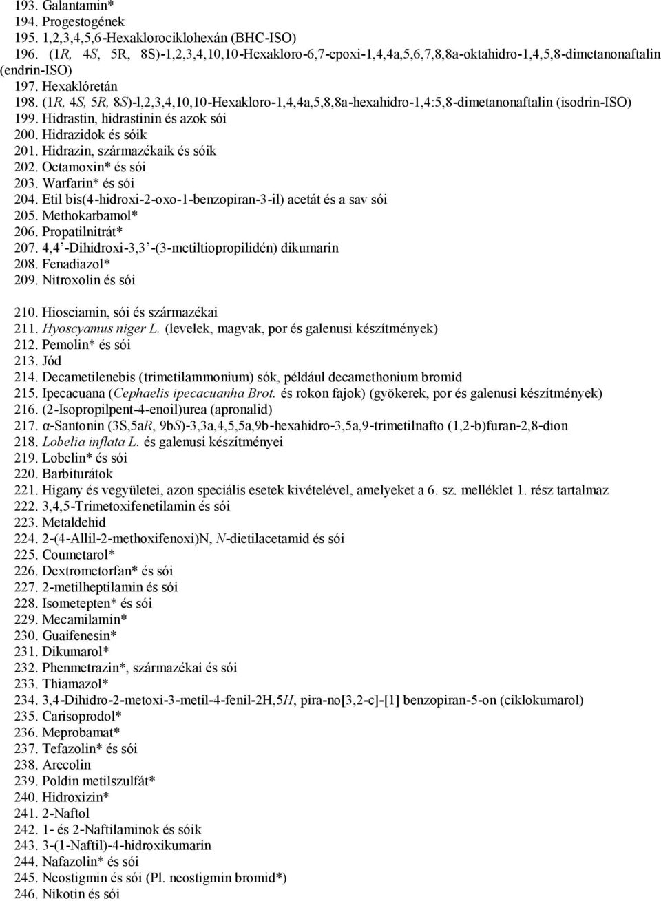 (1R, 4S, 5R, 8S)-l,2,3,4,10,10-Hexakloro-1,4,4a,5,8,8a-hexahidro-1,4:5,8-dimetanonaftalin (isodrin-iso) 199. Hidrastin, hidrastinin és azok sói 200. Hidrazidok k 201. Hidrazin, származékaik k 202.