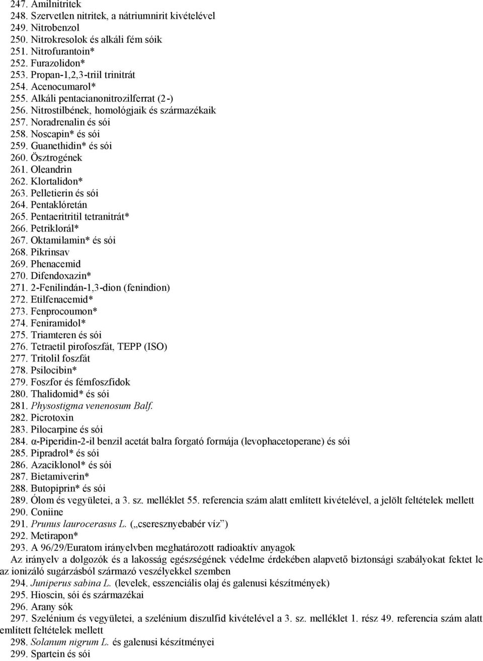 Ösztrogének 261. Oleandrin 262. Klortalidon* 263. Pelletierin 264. Pentaklóretán 265. Pentaeritritil tetranitrát* 266. Petriklorál* 267. Oktamilamin* 268. Pikrinsav 269. Phenacemid 270.