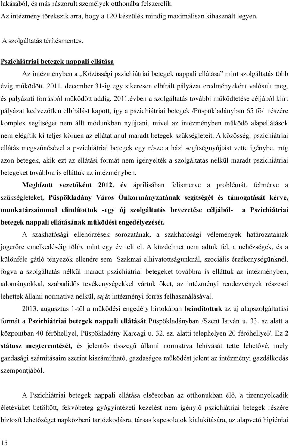 december 31-ig egy sikeresen elbírált pályázat eredményeként valósult meg, és pályázati forrásból működött addig. 2011.