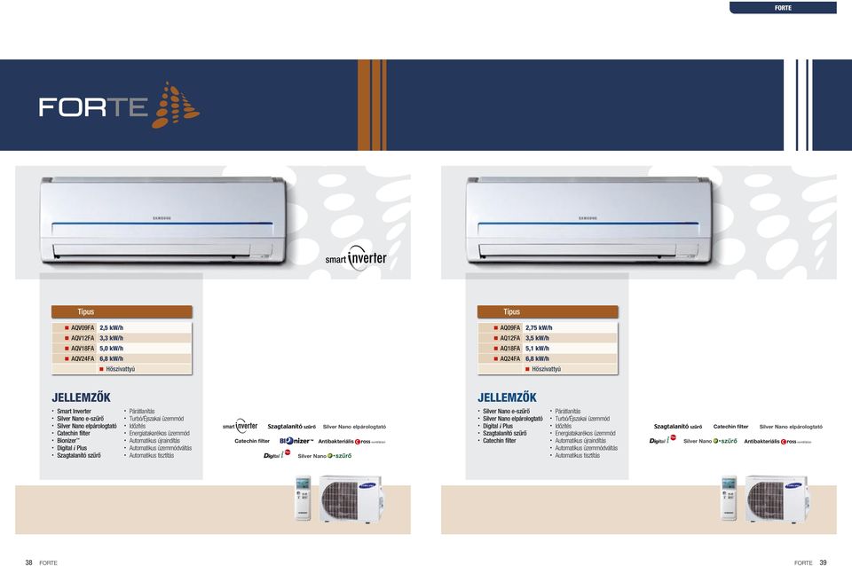 Automatikus újraindítás Automatikus üzemmódváltás Automatikus tisztítás Catechin filter Silver Nano elpárologtató Antibakteriális Silver Nano ventilátor Silver Nano e-szűrő Silver Nano elpárologtató