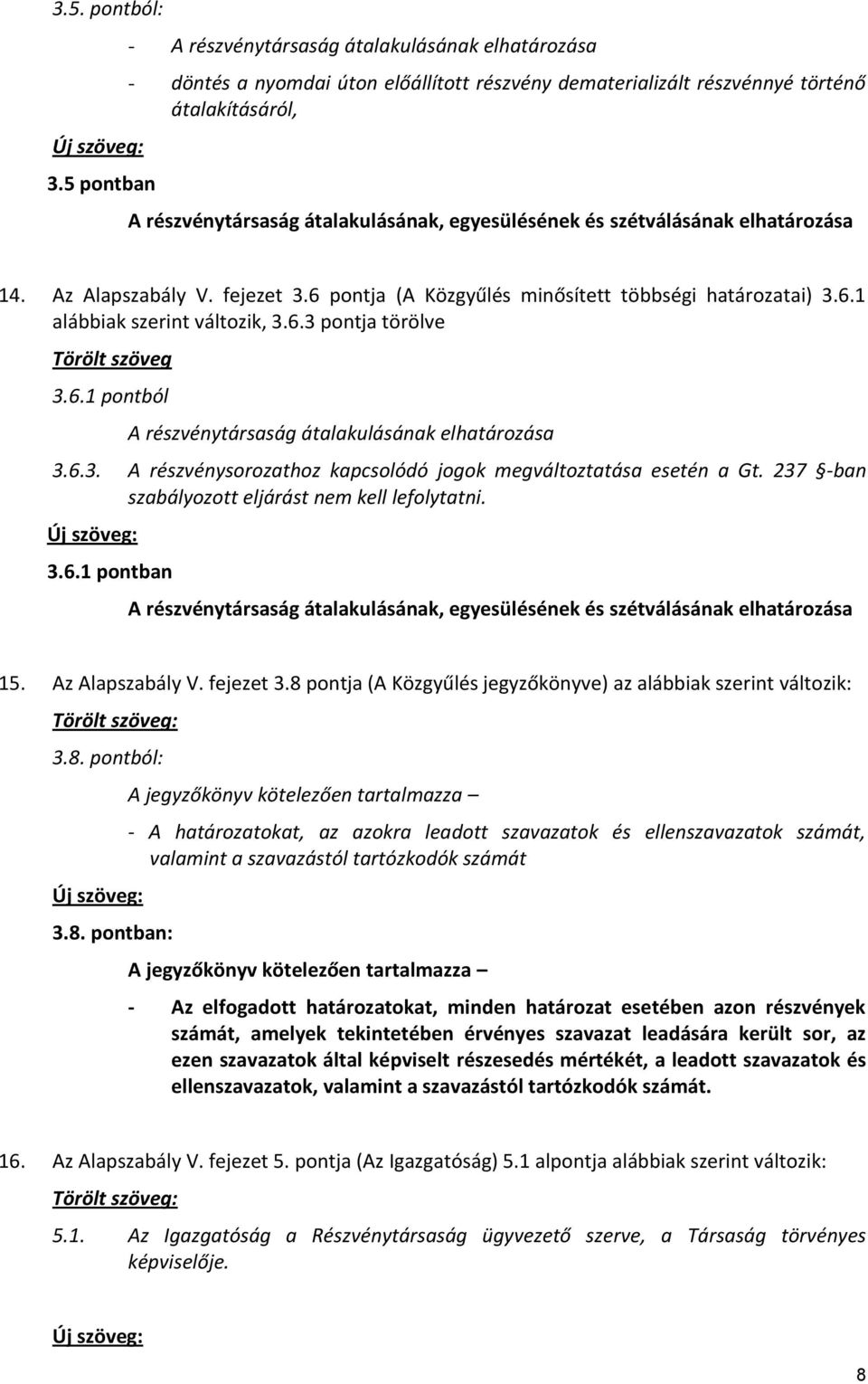 egyesülésének és szétválásának elhatározása 14. Az Alapszabály V. fejezet 3.6 pontja (A Közgyűlés minősített többségi határozatai) 3.6.1 alábbiak szerint változik, 3.6.3 pontja törölve Törölt szöveg 3.