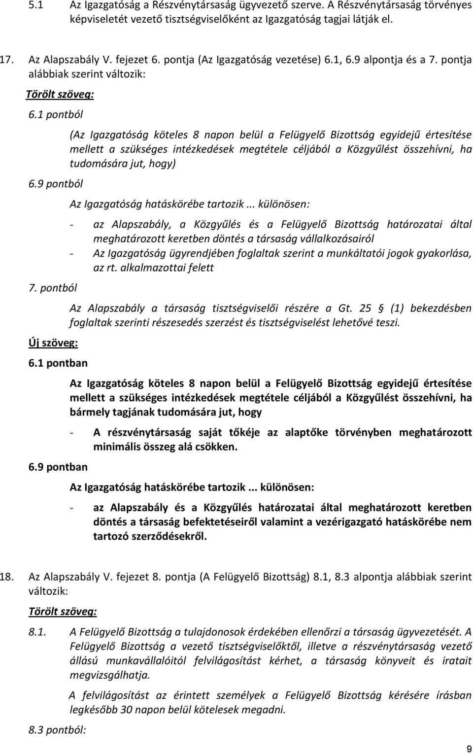 9 pontban (Az Igazgatóság köteles 8 napon belül a Felügyelő Bizottság egyidejű értesítése mellett a szükséges intézkedések megtétele céljából a Közgyűlést összehívni, ha tudomására jut, hogy) Az