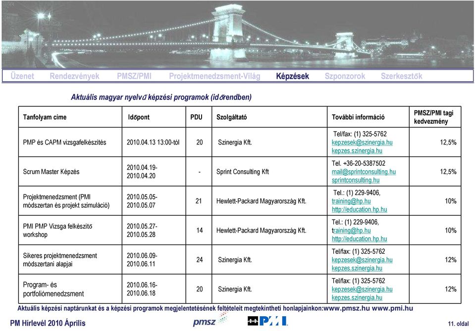 Scrum Master Képzés Projektmenedzsment (PMI módszertan és projekt szimuláció) PMI PMP Vizsga felkészítő workshop Sikeres projektmenedzsment módszertani alapjai Program- és portfoliómenedzsment 2010.