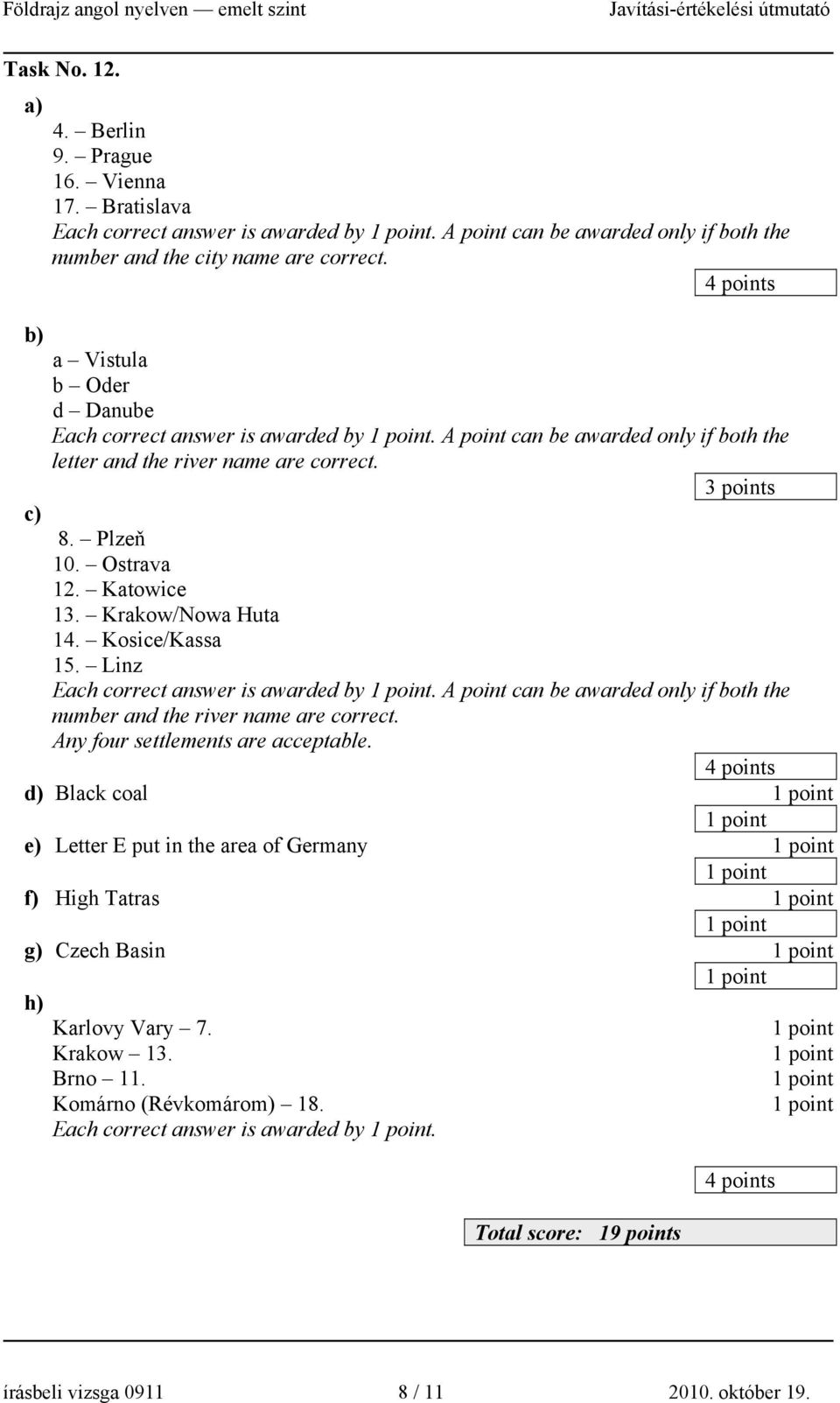 Krakow/Nowa Huta 14. Kosice/Kassa 15. Linz Each correct answer is awarded by. A point can be awarded only if both the number and the river name are correct. Any four settlements are acceptable.