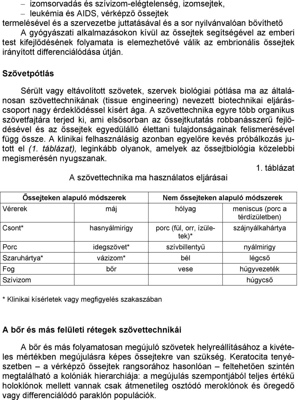 Szövetpótlás Sérült vagy eltávolított szövetek, szervek biológiai pótlása ma az általánosan szövettechnikának (tissue engineering) nevezett biotechnikai eljáráscsoport nagy érdeklődéssel kísért ága.