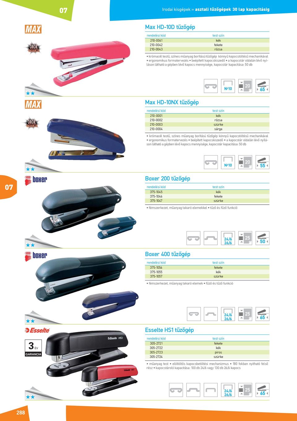 20-000 szürke 20-0004 sárga krómacél testű, színes műanyag borítású tűzőgép könnyű kapocstöltésű mechanikával ergonomikus formatervezés beépített kapocskiszedő a kapocstár oldalán lévő nyíláson