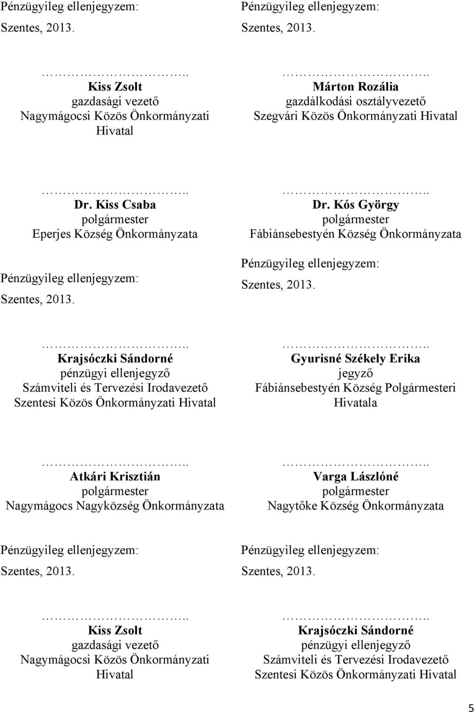 Kós György Fábiánsebestyén Község Önkormányzata Krajsóczki Sándorné pénzügyi ellenjegyző Számviteli és Tervezési Irodavezető Szentesi Közös Önkormányzati Hivatal Gyurisné Székely