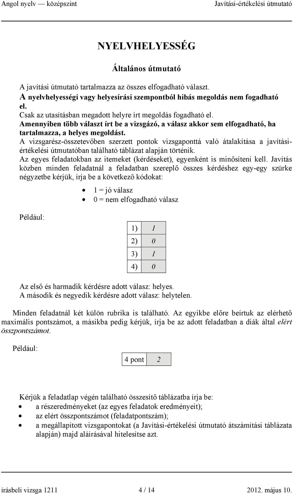 A vizsgarész-összetevőben szerzett pontok vizsgaponttá való átalakítása a javításiértékelési útmutatóban található táblázat alapján történik.