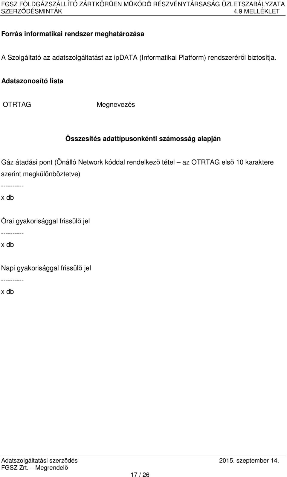Adatazonosító lista OTRTAG Megnevezés Összesítés adattípusonkénti számosság alapján Gáz átadási pont (Önálló