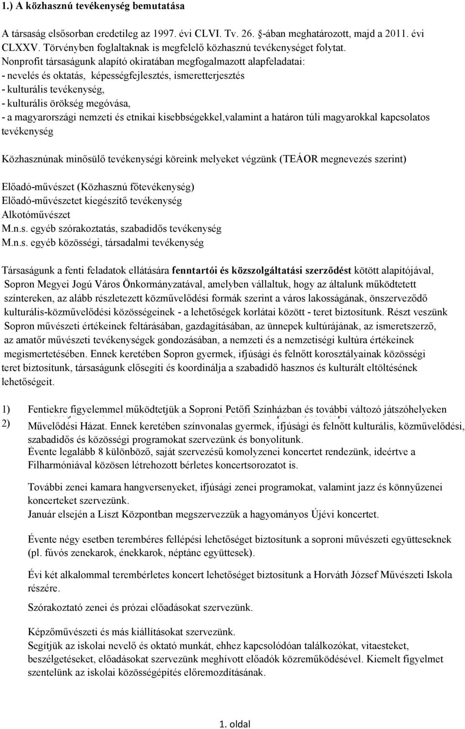 Nonprofit társaságunk alapító okiratában megfogalmazott alapfeladatai: - nevelés és oktatás, képességfejlesztés, ismeretterjesztés - kulturális tevékenység, - kulturális örökség megóvása, - a