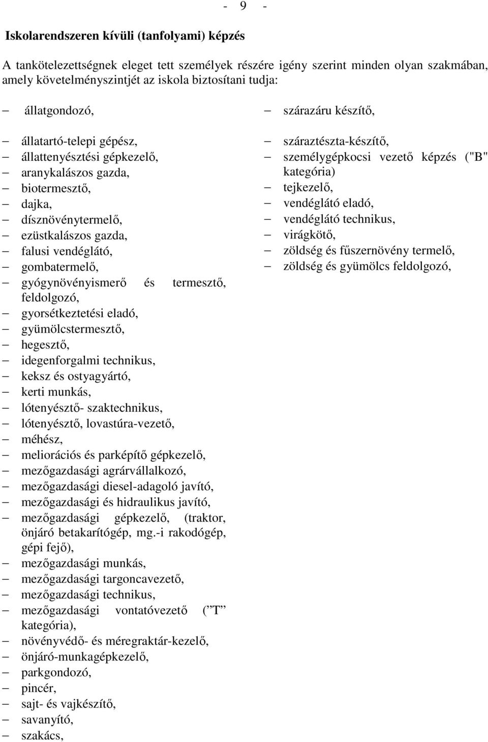 gombatermelı, gyógynövényismerı és termesztı, feldolgozó, gyorsétkeztetési eladó, gyümölcstermesztı, hegesztı, idegenforgalmi technikus, keksz és ostyagyártó, kerti munkás, lótenyésztı-