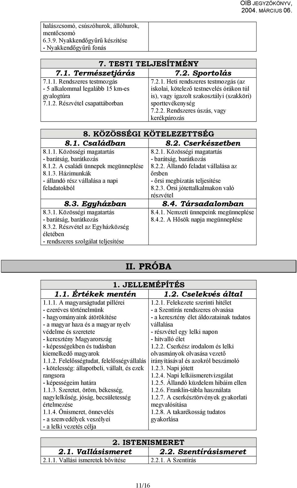 1.2. Részvétel csapattáborban sporttevékenység 7.2.2. Rendszeres úszás, vagy kerékpározás 8. KÖZÖSSÉGI KÖTELEZETTSÉG 8.1. Családban 8.2. Cserkészetben 8.1.1. Közösségi magatartás 8.2.1. Közösségi magatartás - barátság, barátkozás - barátság, barátkozás 8.