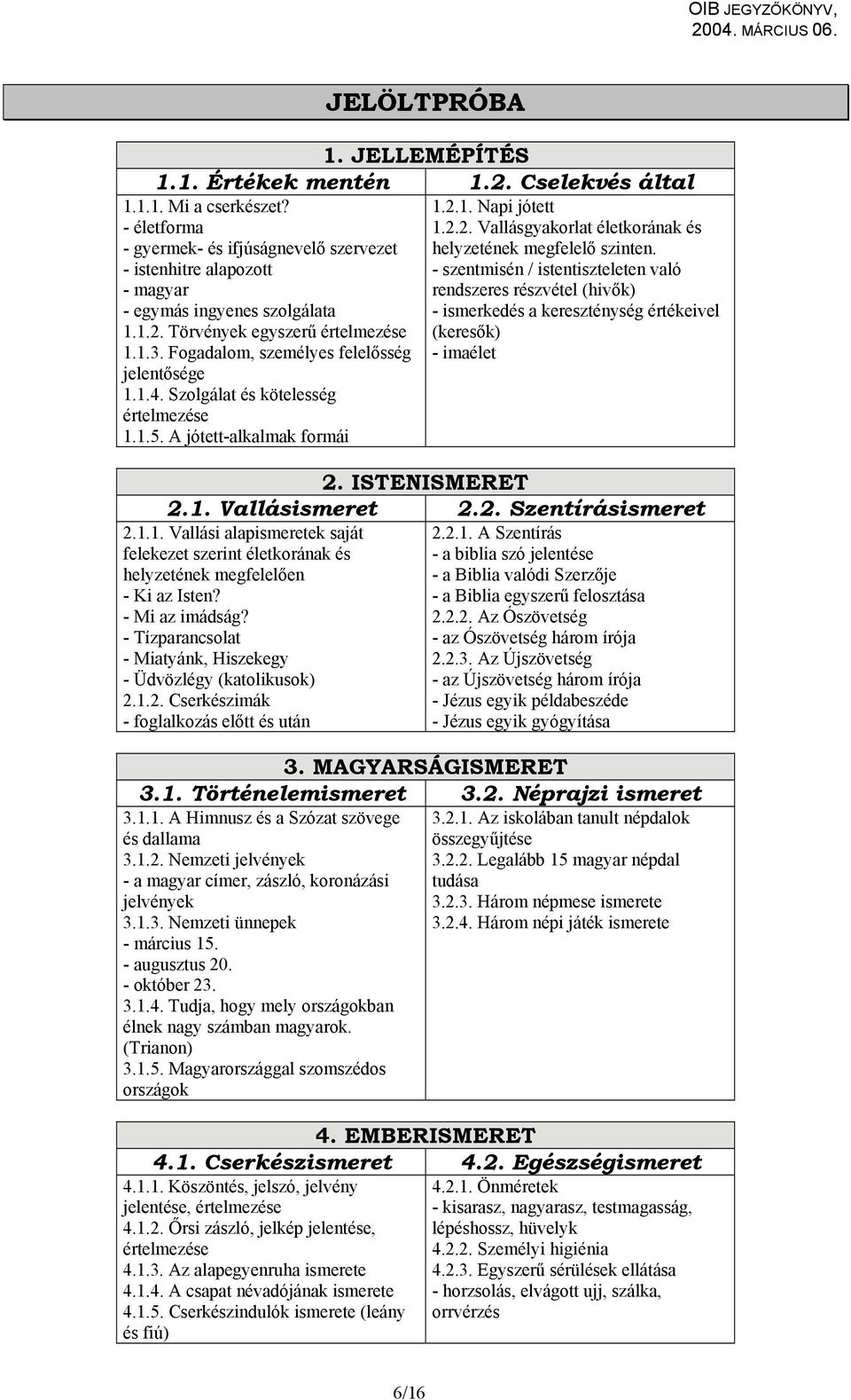 Törvények egyszerű értelmezése (keresők) 1.1.3. Fogadalom, személyes felelősség - imaélet jelentősége 1.1.4. Szolgálat és kötelesség értelmezése 1.1.5. A jótett-alkalmak formái 2. ISTENISMERET 2.1. Vallásismeret 2.