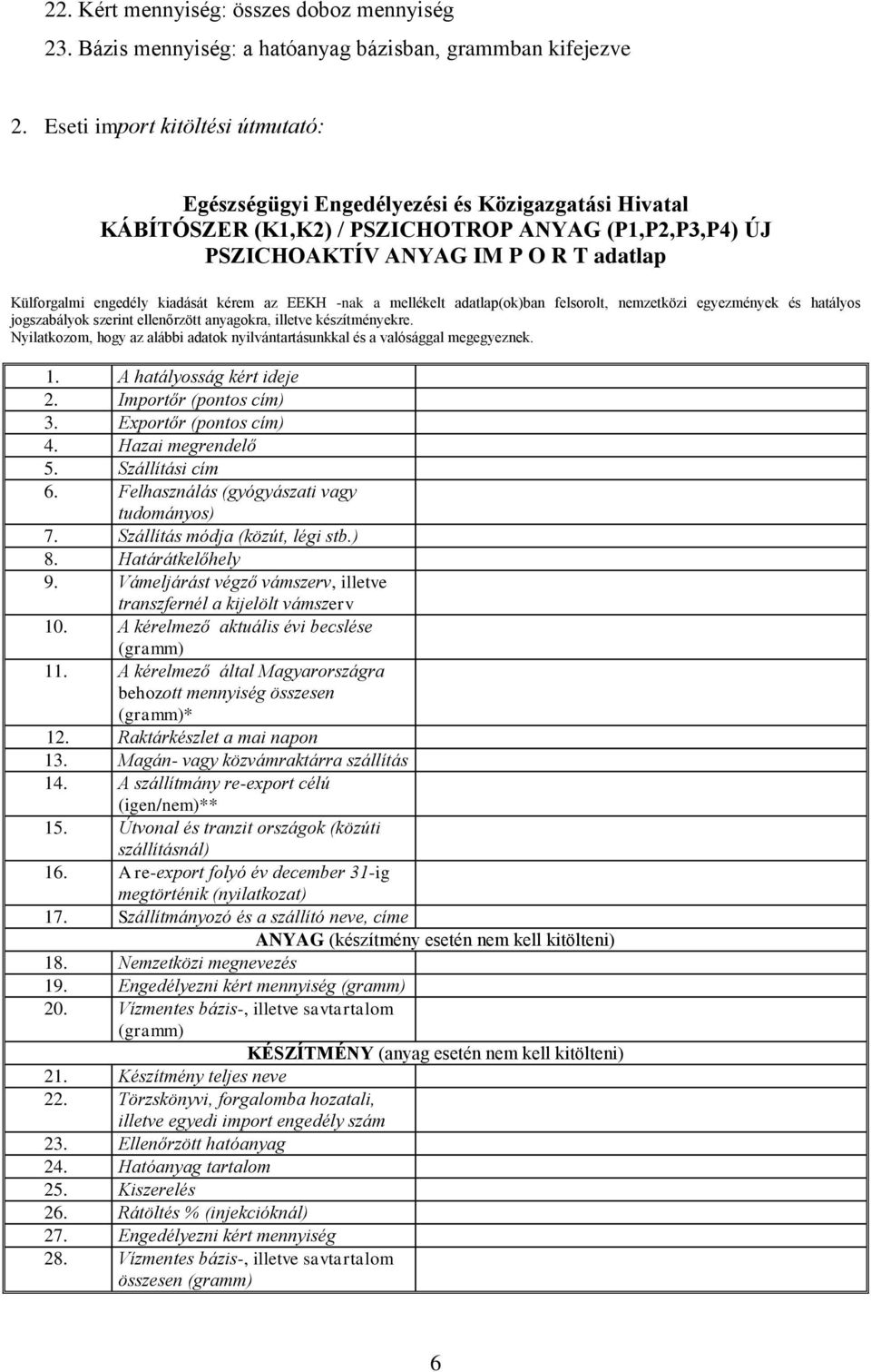 kiadását kérem az EEKH -nak a mellékelt adatlap(ok)ban felsorolt, nemzetközi egyezmények és hatályos jogszabályok szerint ellenőrzött anyagokra, illetve készítményekre.