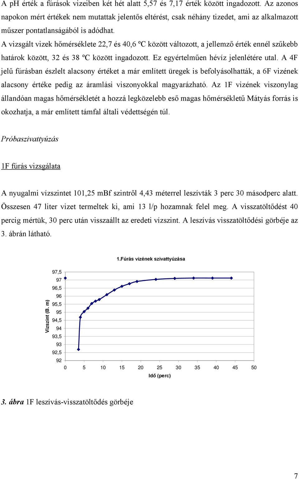 A vizsgált vizek hőmérséklete 22,7 és 40,6 ºC között változott, a jellemző érték ennél szűkebb határok között, 32 és 38 ºC között ingadozott. Ez egyértelműen hévíz jelenlétére utal.