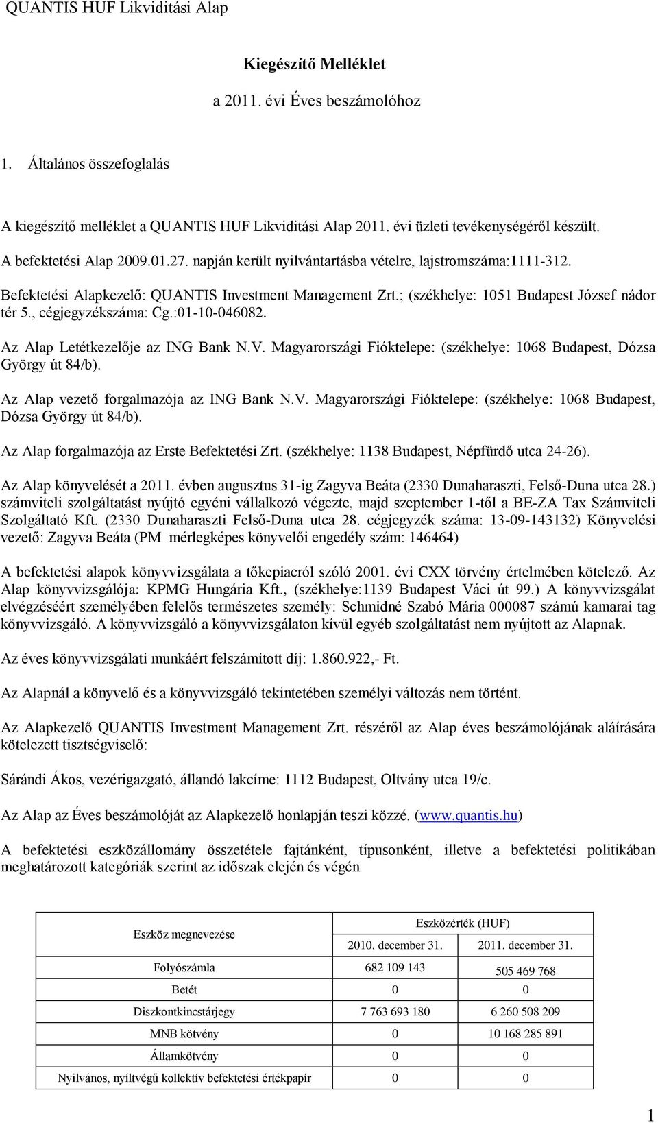 ; (székhelye: 1051 Budapest József nádor tér 5., cégjegyzékszáma: Cg.:01-10-046082. Az Alap Letétkezelője az ING Bank N.V. Magyarországi Fióktelepe: (székhelye: 1068 Budapest, Dózsa György út 84/b).