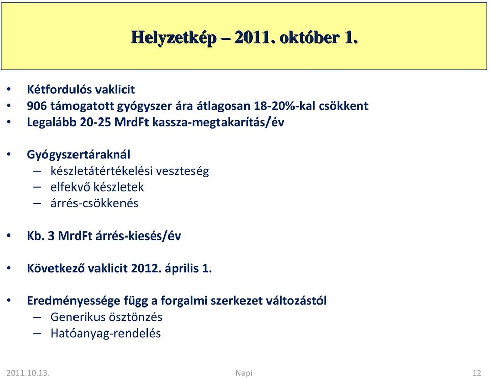 kassza-megtakarítás/év Gyógyszertáraknál készletátértékelési veszteség elfekvő készletek