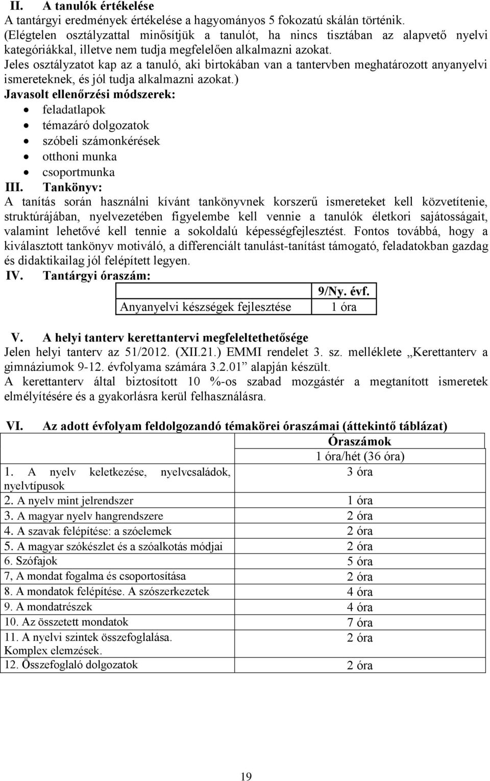 Jeles osztályzatot kap az a tanuló, aki birtokában van a tantervben meghatározott anyanyelvi ismereteknek, és jól tudja alkalmazni azokat.