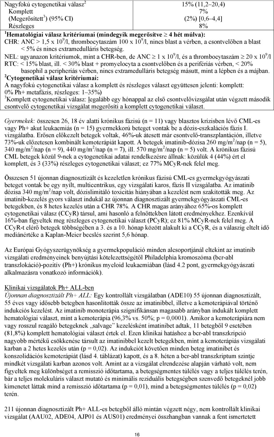 NEL: ugyanazon kritériumok, mint a CHR-ben, de ANC 1 x 10 9 /l, és a thrombocytaszám 20 x 10 9 /l RTC: < 15% blast, ill.