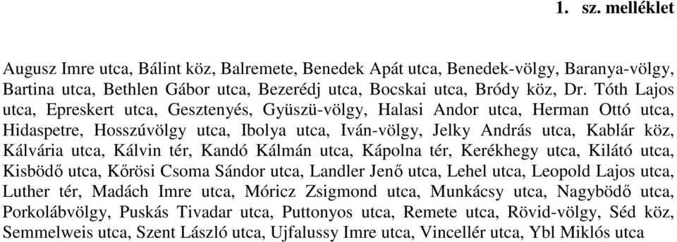 Kálvin tér, Kandó Kálmán utca, Kápolna tér, Kerékhegy utca, Kilátó utca, Kisbödı utca, Kırösi Csoma Sándor utca, Landler Jenı utca, Lehel utca, Leopold Lajos utca, Luther tér, Madách Imre utca,