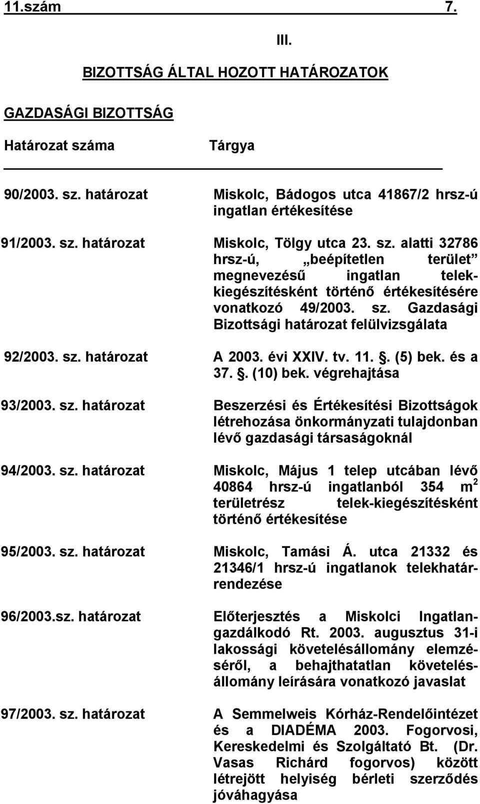 évi XXIV. tv. 11.. (5) bek. és a 37.. (10) bek. végrehajtása 93/2003. sz. határozat Beszerzési és Értékesítési Bizottságok létrehozása önkormányzati tulajdonban lévő gazdasági társaságoknál 94/2003.