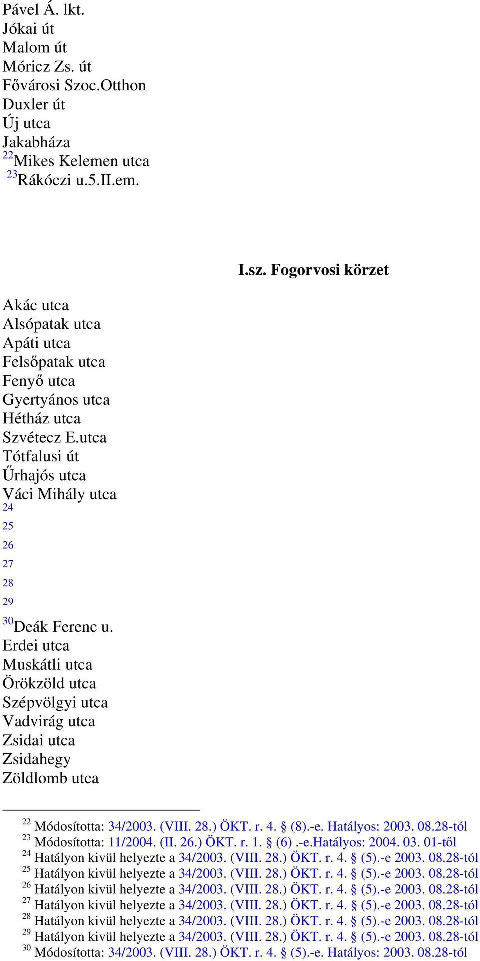 Erdei utca Muskátli utca Örökzöld utca Szépvölgyi utca Vadvirág utca Zsidai utca Zsidahegy Zöldlomb utca 22 Módosította: 34/2003. (VIII. 28.) ÖKT. r. 4. (8).-e. Hatályos: 2003. 08.