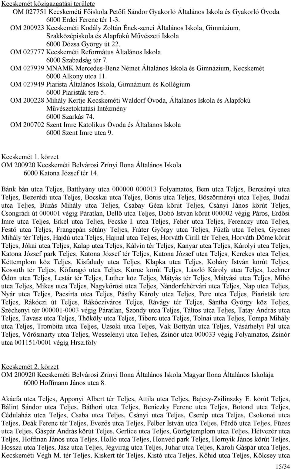 OM 027777 Kecskeméti Református Általános Iskola 6000 Szabadság tér 7. OM 027939 MNÁMK Mercedes-Benz Német Általános Iskola és Gimnázium, Kecskemét 6000 Alkony utca 11.