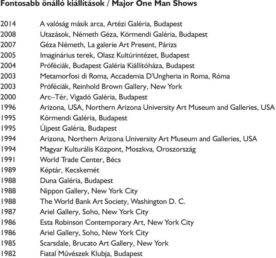 Reinhold Brown Gallery, New York 2000 Arc Tér, Vigadó Galéria, Budapest 1996 Arizona, USA, Northern Arizona University Art Museum and Galleries, USA 1995 Körmendi Galéria, Budapest 1995 Újpest