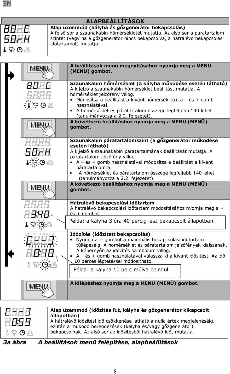 Szaunakabin hőmérséklet (a kályha működése esetén látható) A kijelző a szaunakabin hőmérséklet beállítást mutatja. A hőmérséklet jelzőfény villog.