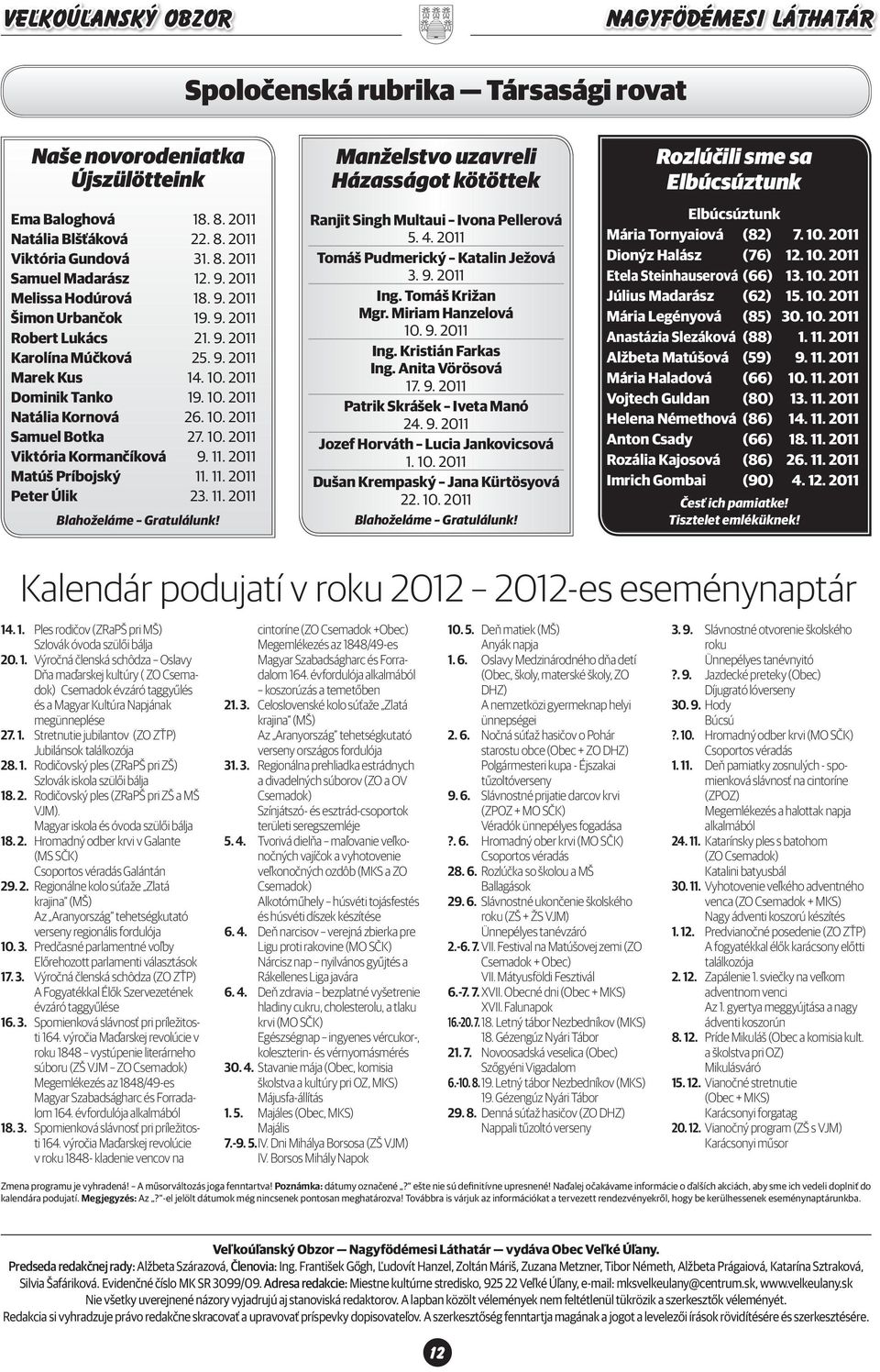 10. 2011 Viktória Kormančíková 9. 11. 2011 Matúš Príbojský 11. 11. 2011 Peter Úlik 23. 11. 2011 Blahoželáme Gratulálunk! Manželstvo uzavreli Házasságot kötöttek Ranjit Singh Multaui Ivona Pellerová 5.