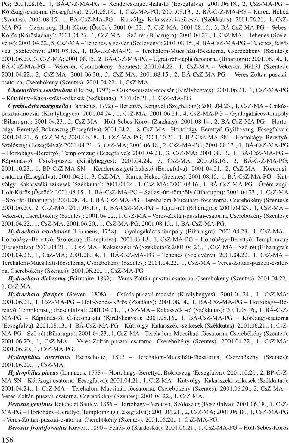 08.15., 3, BÁ-CsZ-MA-PG Sebes- Körös (Körösladány): 2001.04.23., 1, CsZ-MA Sző-rét (Biharugra): 2001.04.23., 1, CsZ-MA Tehenes (Szelevény): 2001.04.22., 5, CsZ-MA Tehenes, alsó-vég (Szelevény): 2001.