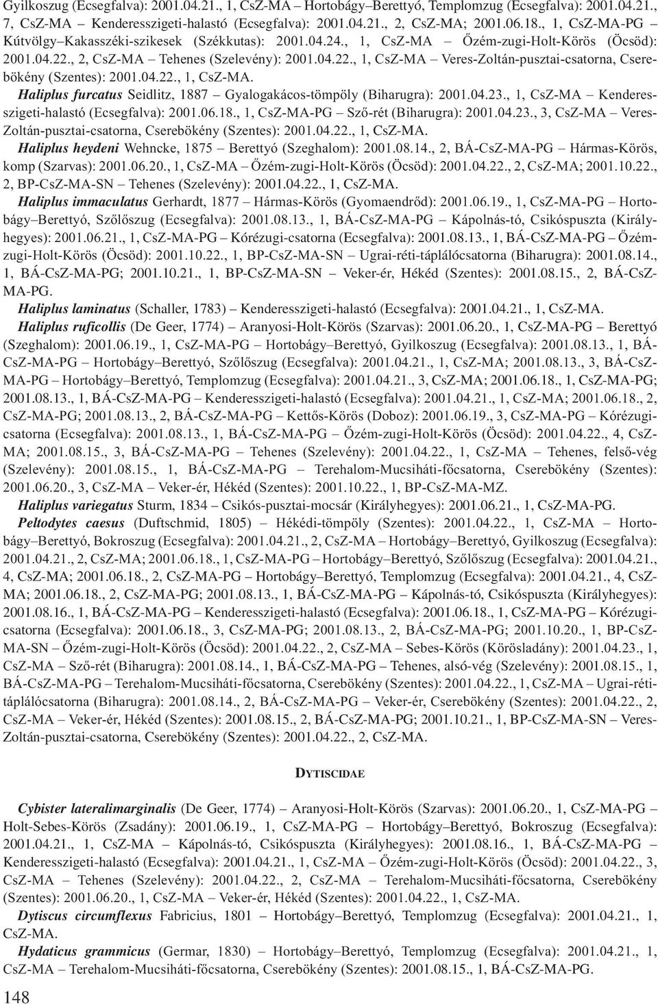 04.22., 1, CsZ-MA. Haliplus furcatus Seidlitz, 1887 Gyalogakácos-tömpöly (Biharugra): 2001.04.23., 1, CsZ-MA Kenderesszigeti-halastó (Ecsegfalva): 2001.06.18., 1, CsZ-MA-PG Sző-rét (Biharugra): 2001.