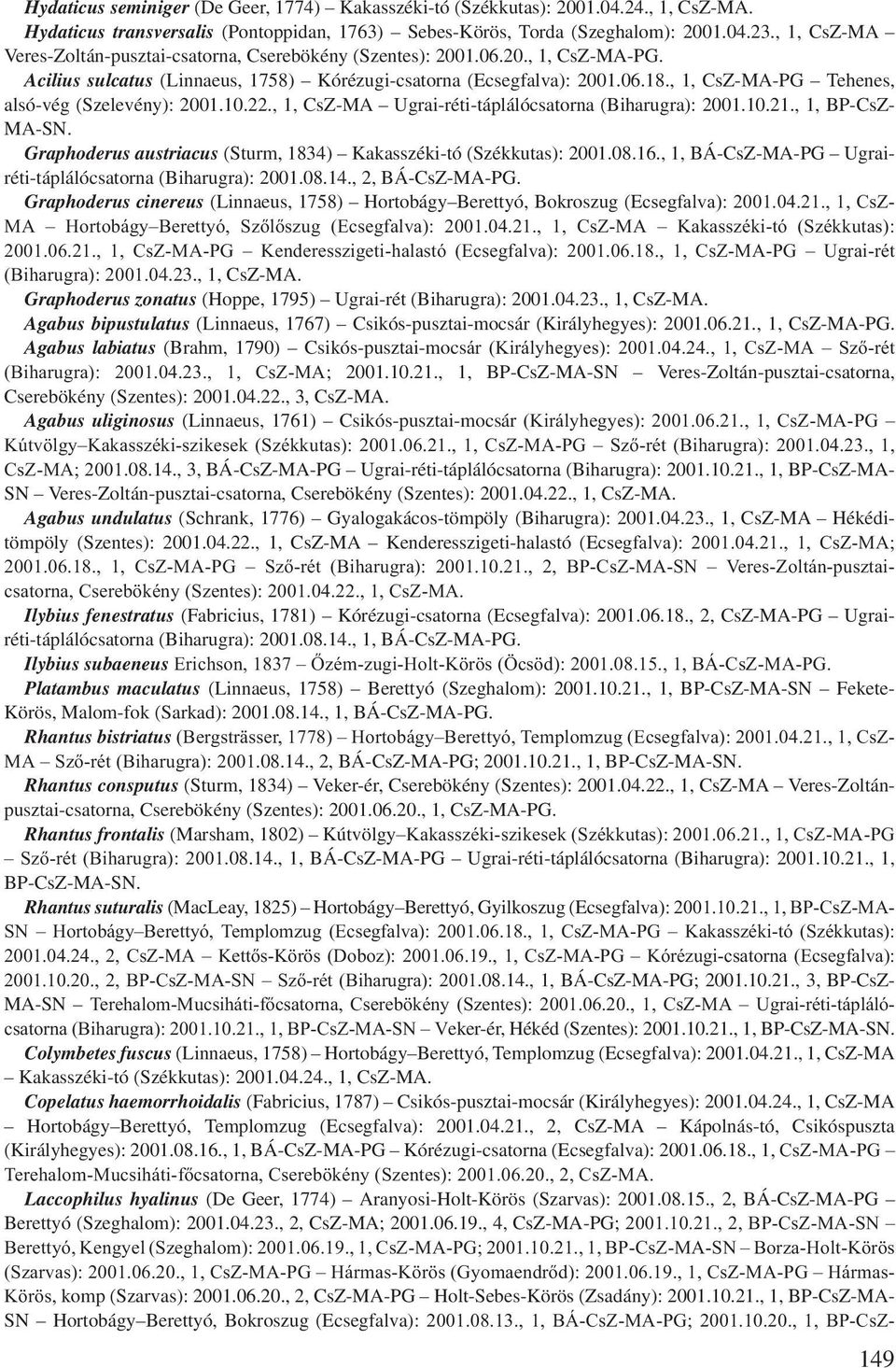 , 1, CsZ-MA-PG Tehenes, alsó-vég (Szelevény): 2001.10.22., 1, CsZ-MA Ugrai-réti-táplálócsatorna (Biharugra): 2001.10.21., 1, BP-CsZ- MA-SN.