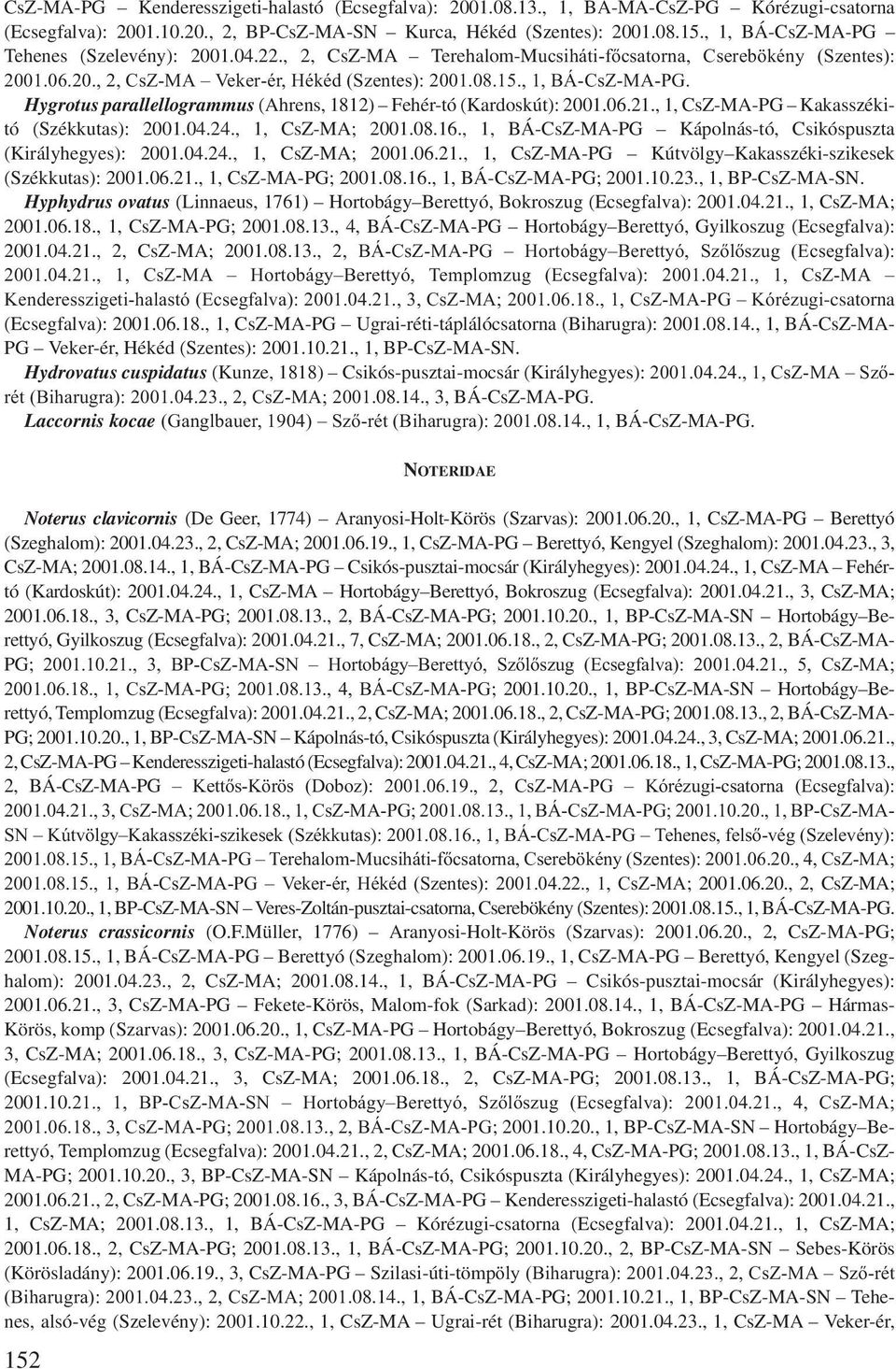 06.21., 1, CsZ-MA-PG Kakasszékitó (Székkutas): 2001.04.24., 1, CsZ-MA; 2001.08.16., 1, BÁ-CsZ-MA-PG Kápolnás-tó, Csikóspuszta (Királyhegyes): 2001.04.24., 1, CsZ-MA; 2001.06.21., 1, CsZ-MA-PG Kútvölgy Kakasszéki-szikesek (Székkutas): 2001.