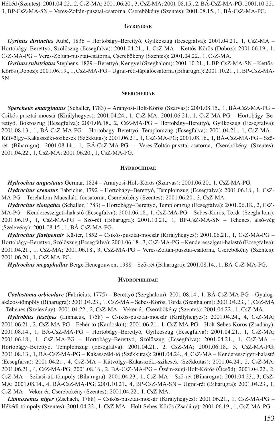 06.19., 1, CsZ-MA-PG Veres-Zoltán-pusztai-csatorna, Cserebökény (Szentes): 2001.04.22., 1, CsZ-MA. Gyrinus substriatus Stephens, 1829 Berettyó, Kengyel (Szeghalom): 2001.10.21.