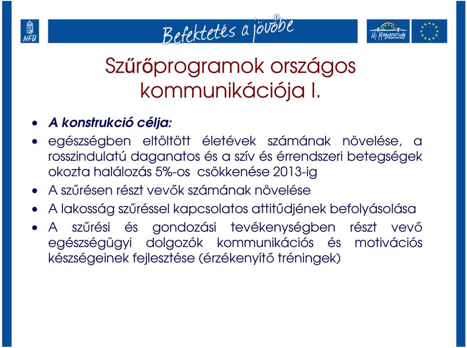 okozta halálozás 5%-os csökkenése 2013-ig A szőrésen részt vevık számának növelése A lakosság szőréssel kapcsolatos