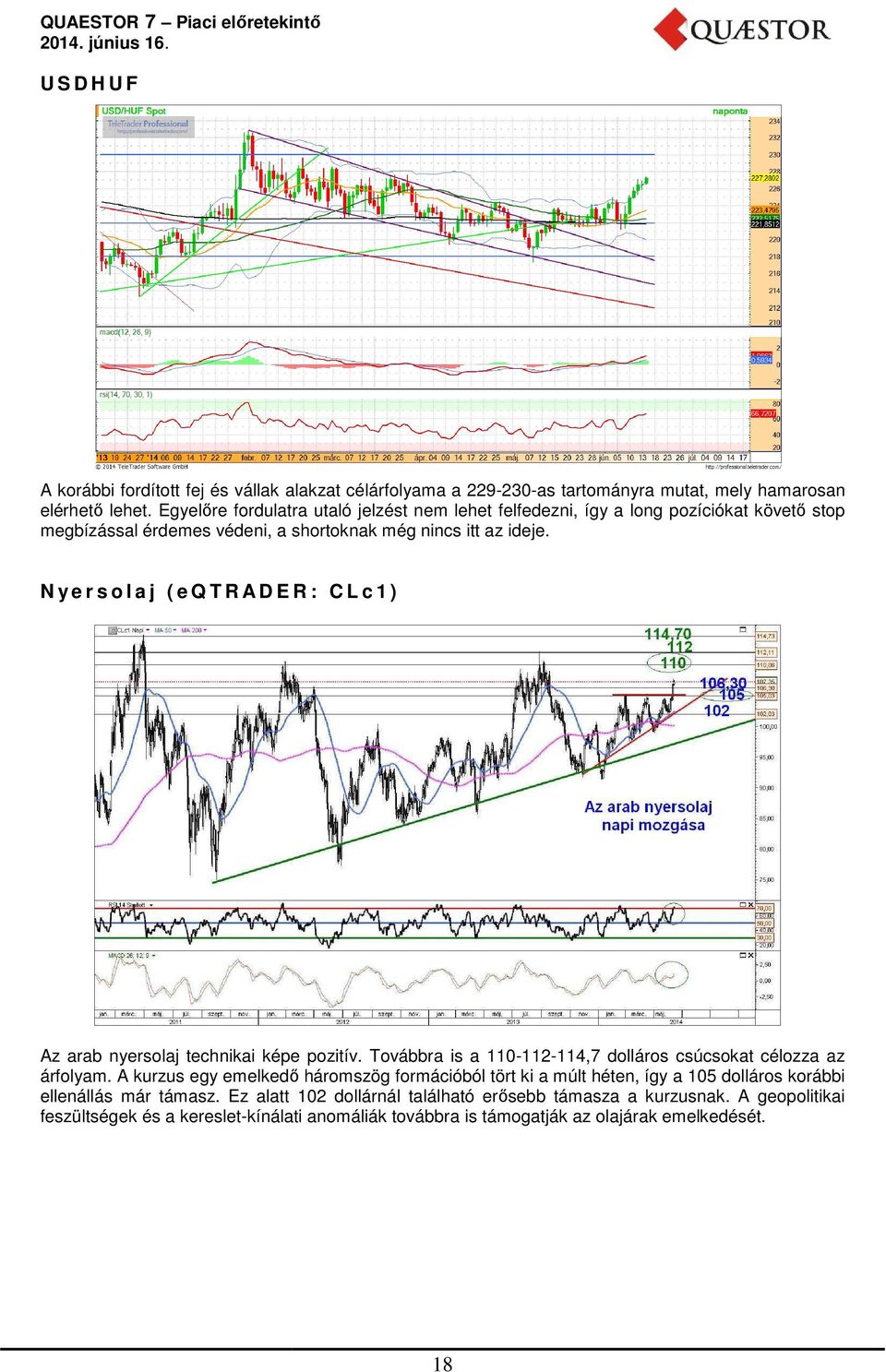 N y e r s o l a j ( e Q T R A D E R : C L c 1 ) Az arab nyersolaj technikai képe pozitív. Továbbra is a 110-112-114,7114,7 dolláros csúcsokat célozza az árfolyam.