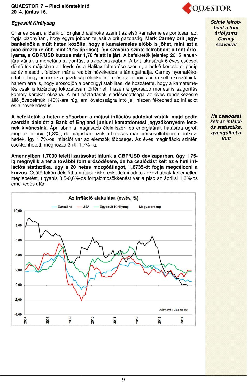 GBP/USD kurzus már 1,70 felett is járt. A befektetők k jelenleg 2015 januárjára várják a monetáris szigorítást a szigetországban.