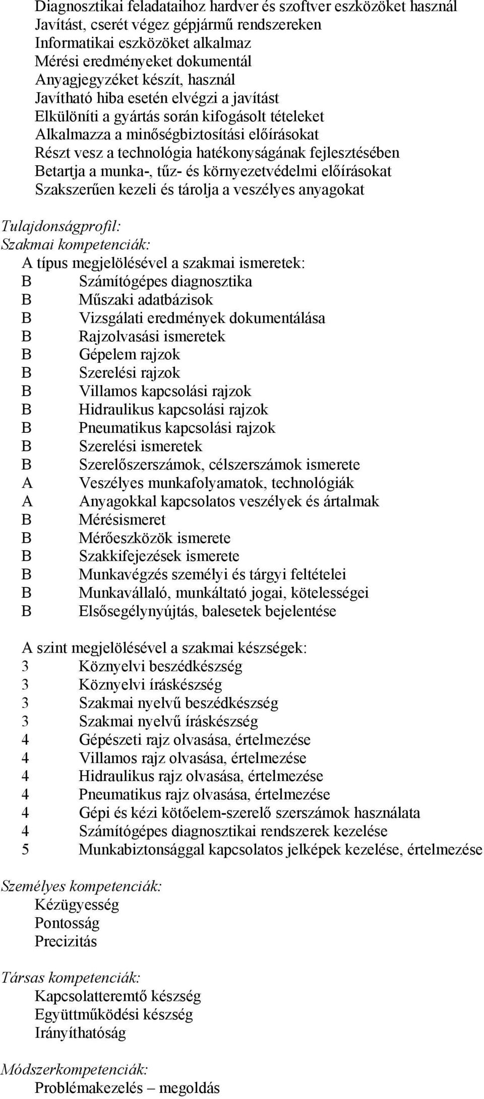 etartja a munka-, tűz- és környezetvédelmi előírásokat Szakszerűen kezeli és tárolja a veszélyes anyagokat Tulajdonságprofil: Szakmai kompetenciák: típus megjelölésével a szakmai ismeretek: