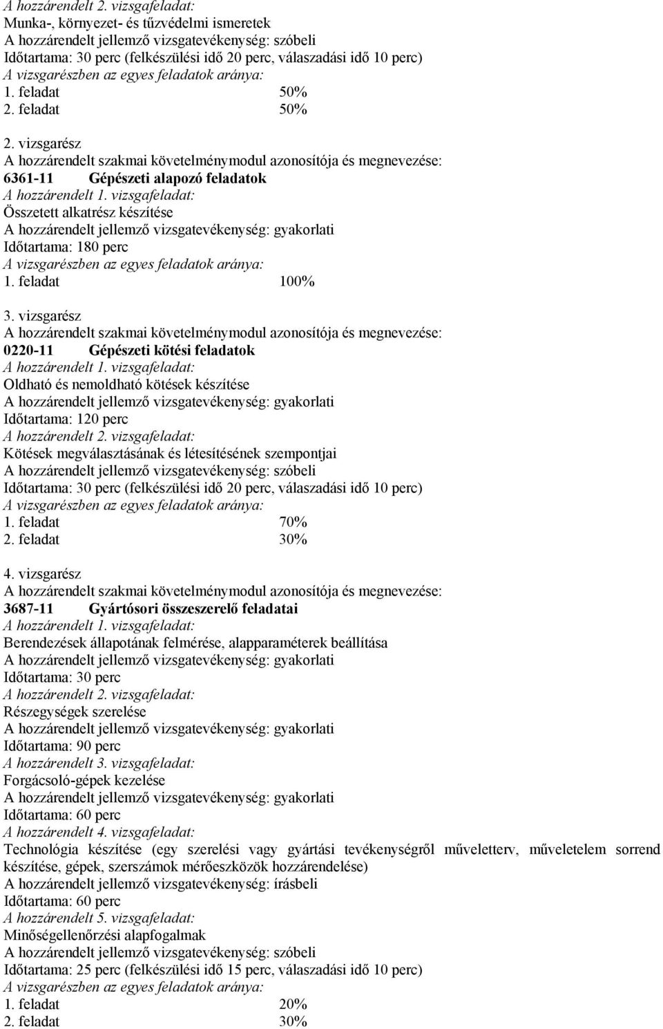 egyes feladatok aránya: 1. feladat 50% 2. feladat 50% 2. vizsgarész hozzárendelt szakmai követelménymodul azonosítója és megnevezése: 6361-11 Gépészeti alapozó feladatok hozzárendelt 1.