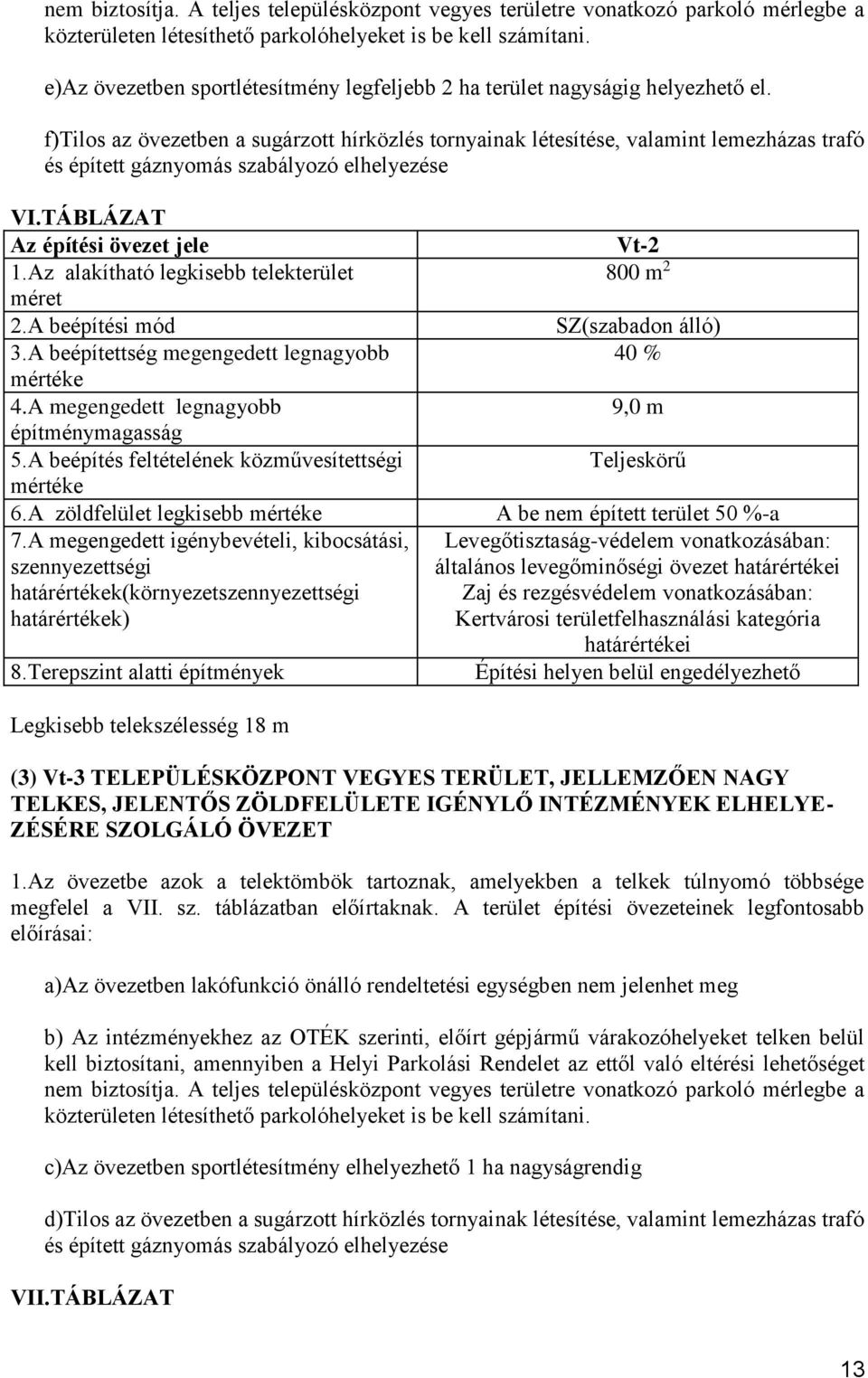 f)tilos az övezetben a sugárzott hírközlés tornyainak létesítése, valamint lemezházas trafó és épített gáznyomás szabályozó elhelyezése VI.TÁBLÁZAT Az építési övezet jele Vt-2 1.