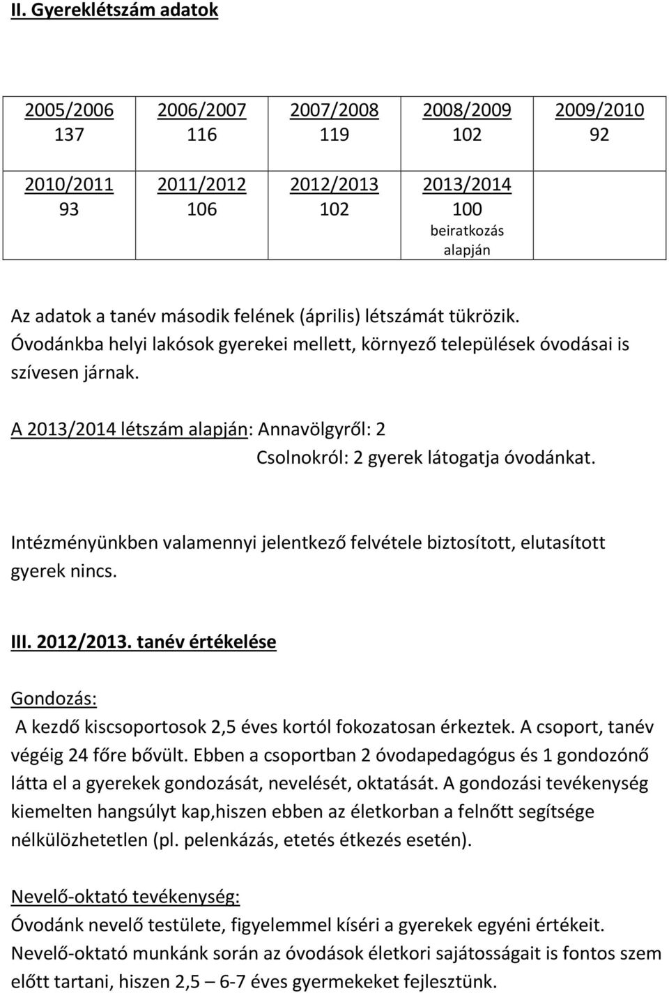 A 2013/2014 létszám alapján: Annavölgyről: 2 Csolnokról: 2 gyerek látogatja óvodánkat. Intézményünkben valamennyi jelentkező felvétele biztosított, elutasított gyerek nincs. III. 2012/2013.