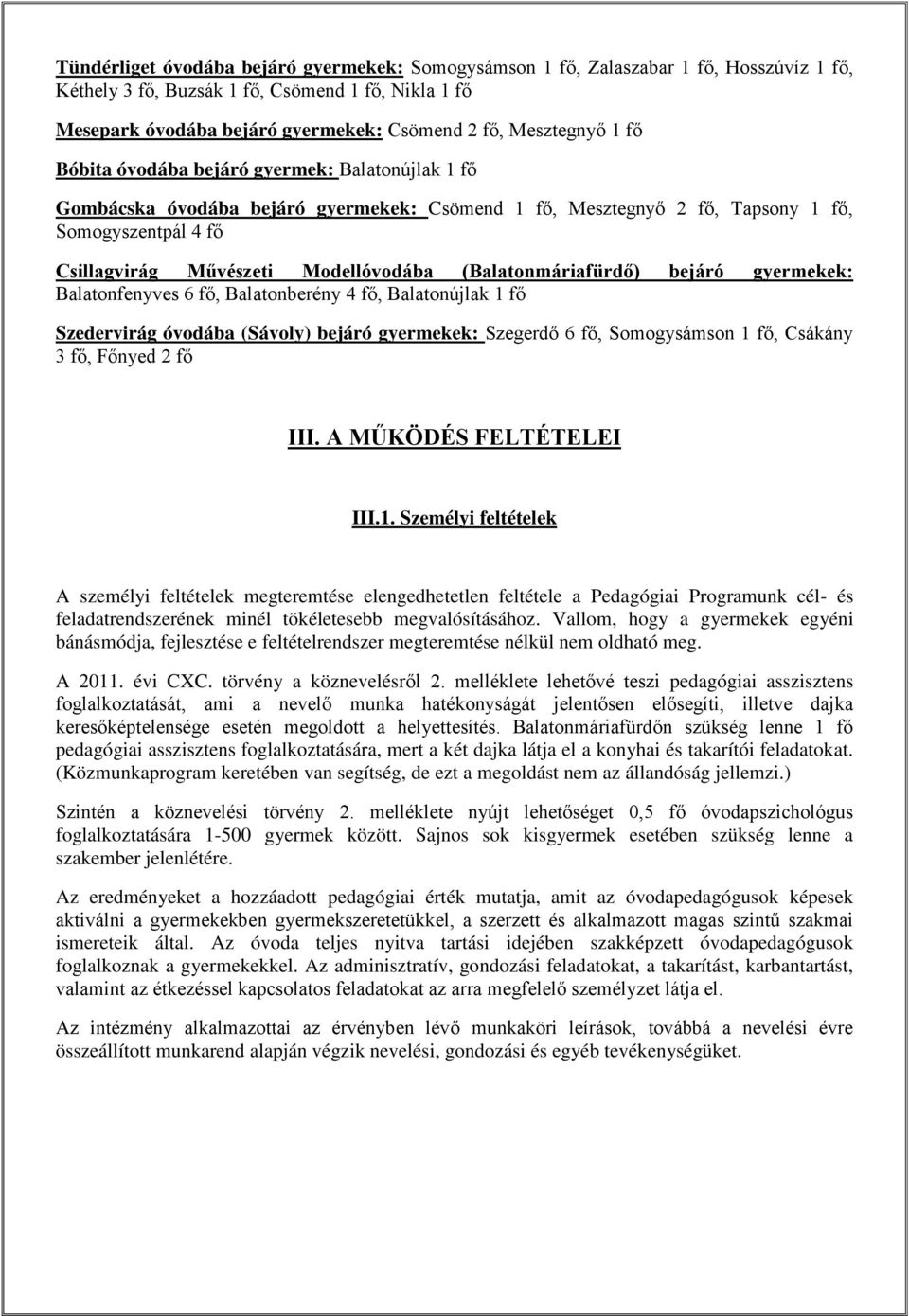 Modellóvodába (Balatonmáriafürdő) bejáró gyermekek: Balatonfenyves 6 fő, Balatonberény 4 fő, Balatonújlak 1 fő Szedervirág óvodába (Sávoly) bejáró gyermekek: Szegerdő 6 fő, Somogysámson 1 fő, Csákány