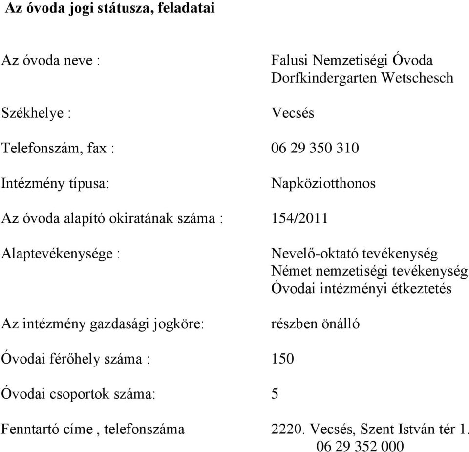 : Az intézmény gazdasági jogköre: Nevelő-oktató tevékenység Német nemzetiségi tevékenység Óvodai intézményi étkeztetés részben