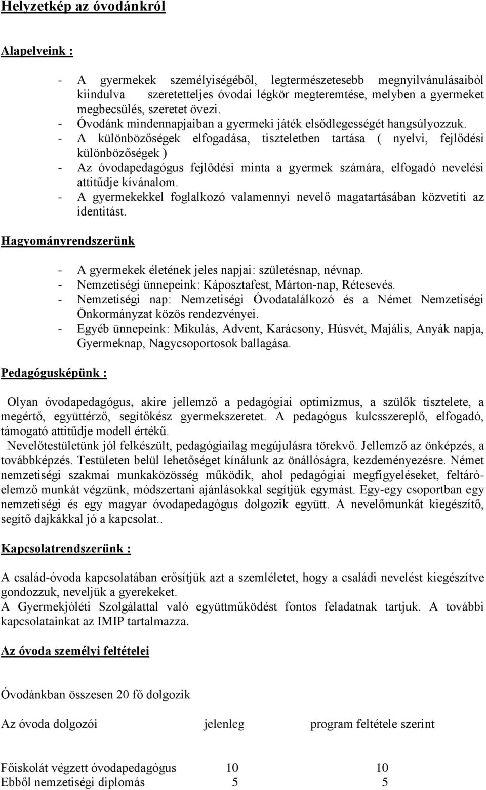 - A különbözőségek elfogadása, tiszteletben tartása ( nyelvi, fejlődési különbözőségek ) - Az óvodapedagógus fejlődési minta a gyermek számára, elfogadó nevelési attitűdje kívánalom.