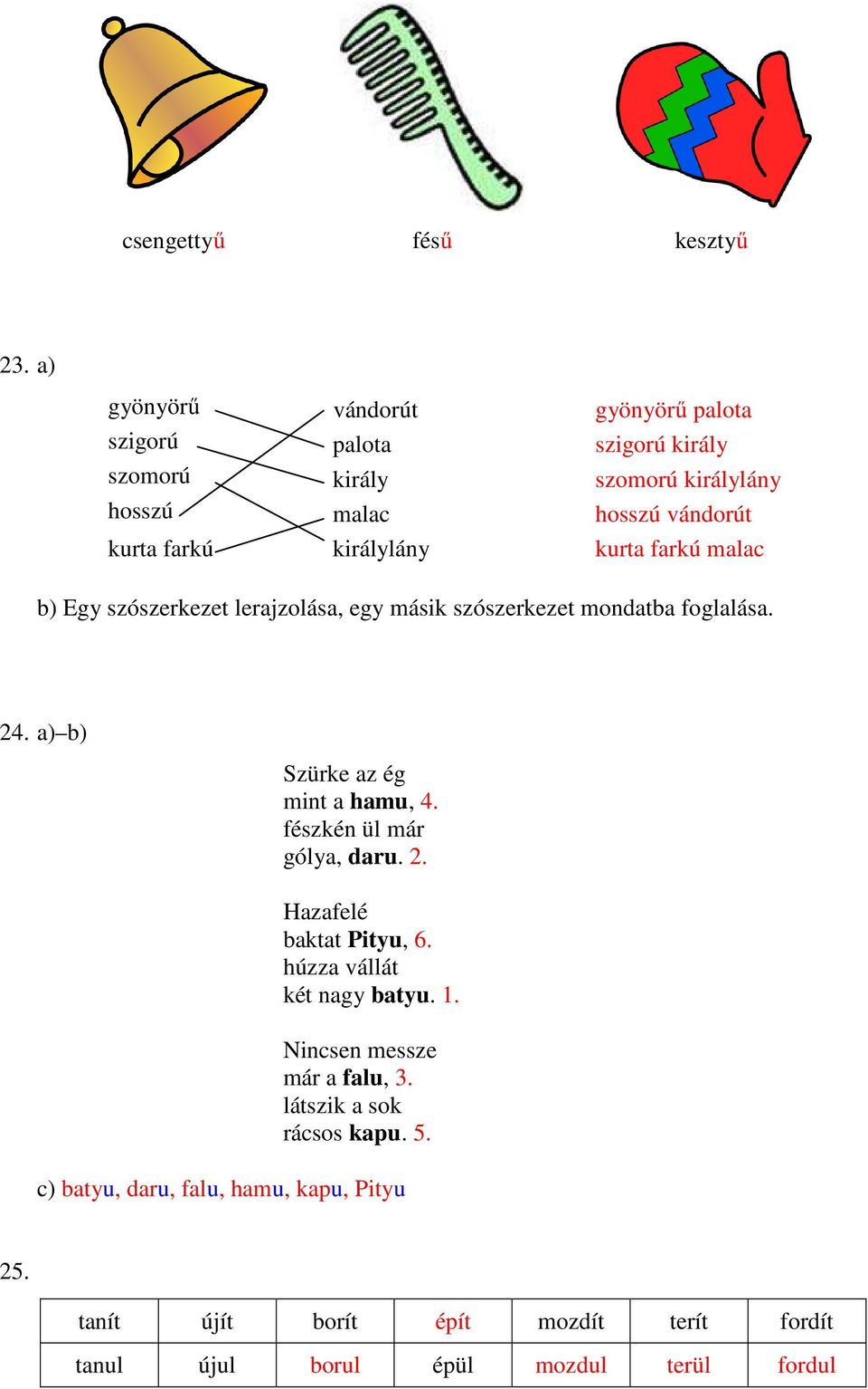 királylány kurta farkú malac b) Egy szószerkezet lerajzolása, egy másik szószerkezet mondatba foglalása. 24. a) b) Szürke az ég mint a hamu, 4.