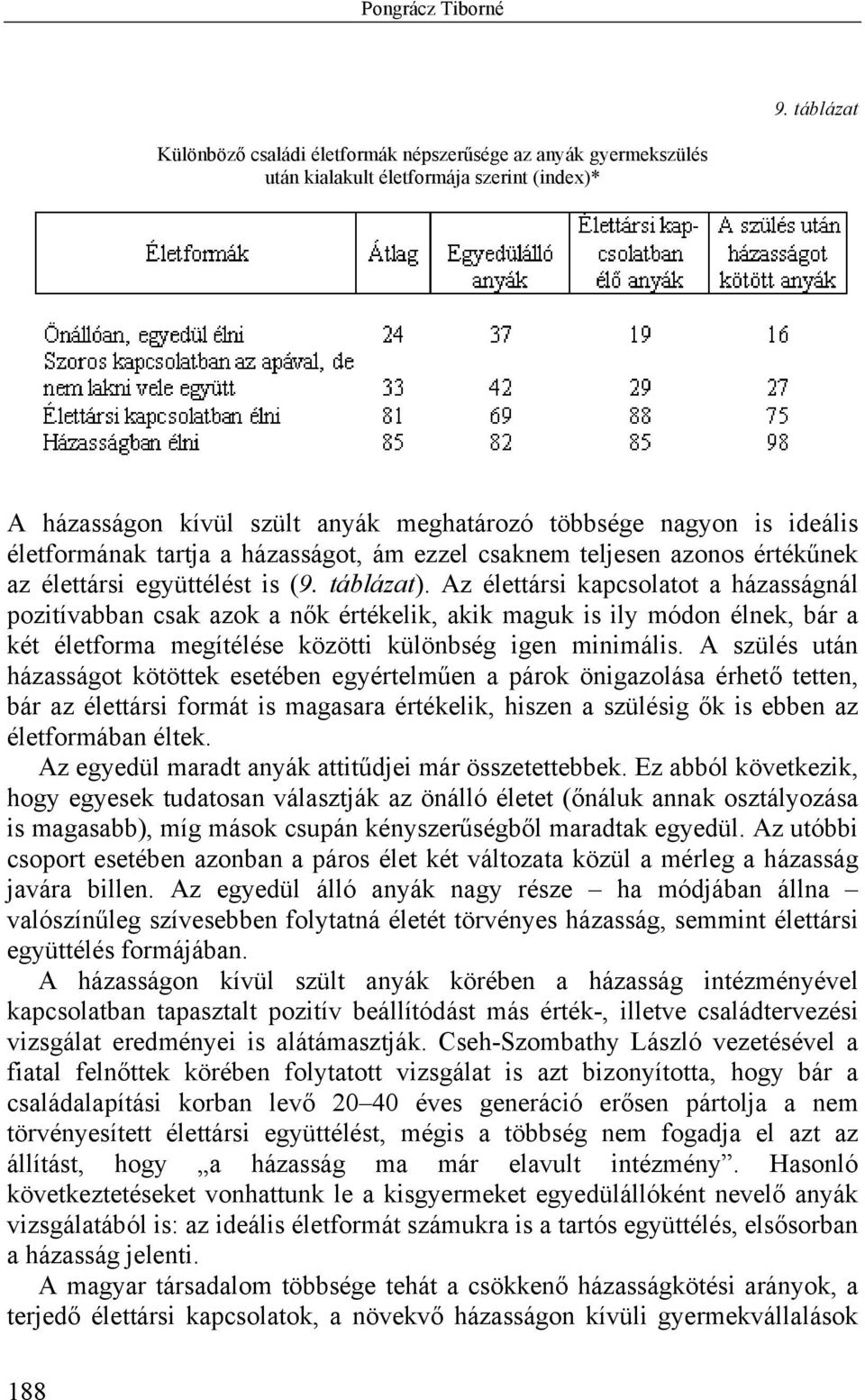 életformának tartja a házasságot, ám ezzel csaknem teljesen azonos értékűnek az élettársi együttélést is (9. táblázat).