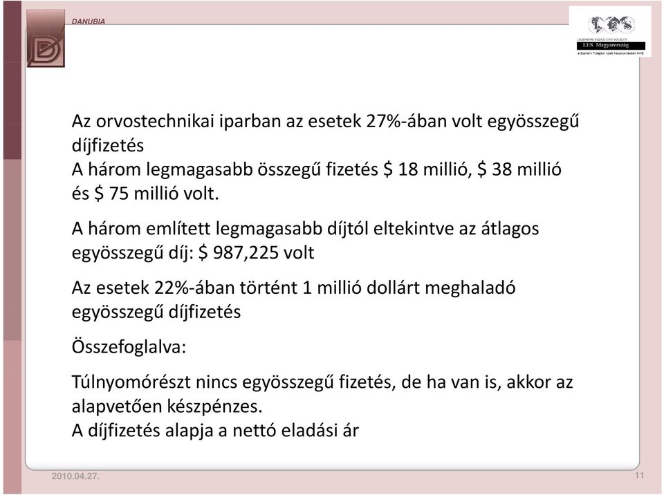 A három említett legmagasabb díjtól eltekintve az átlagos egyösszegű ű díj: $ 987,225 volt Az esetek 22% ában történt