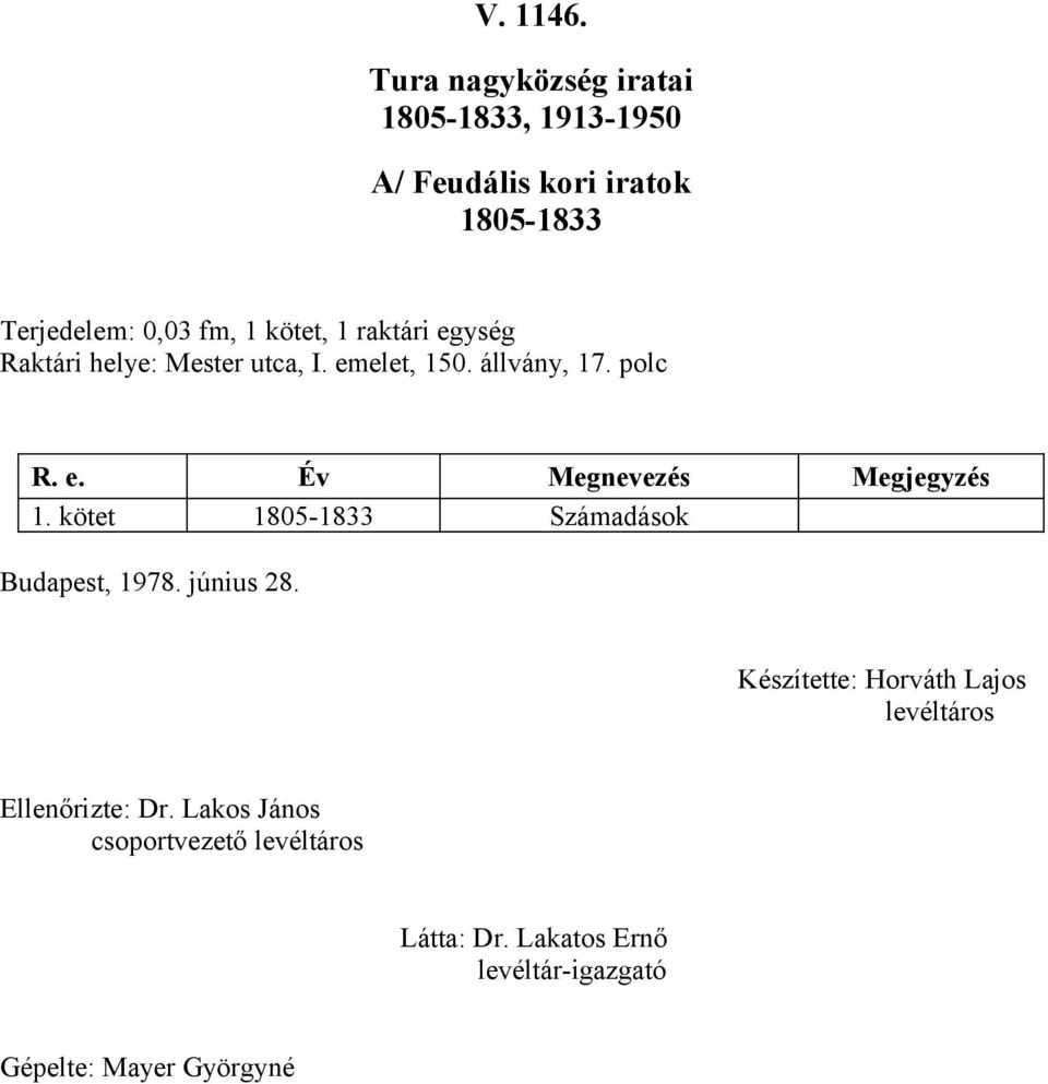 raktári egység Raktári helye: Mester utca, I. emelet, 50. állvány, 7. polc R. e. Év Megnevezés Megjegyzés.