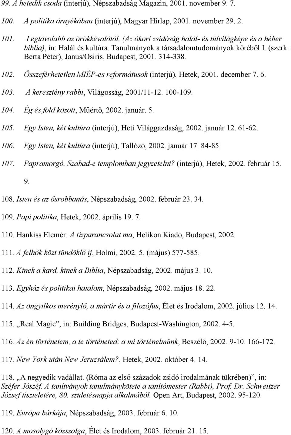 Összeférhetetlen MIÉP-es reformátusok (interjú), Hetek, 2001. december 7. 6. 103. A keresztény rabbi, Világosság, 2001/11-12. 100-109. 104. Ég és föld között, Műértő, 2002. január. 5. 105.